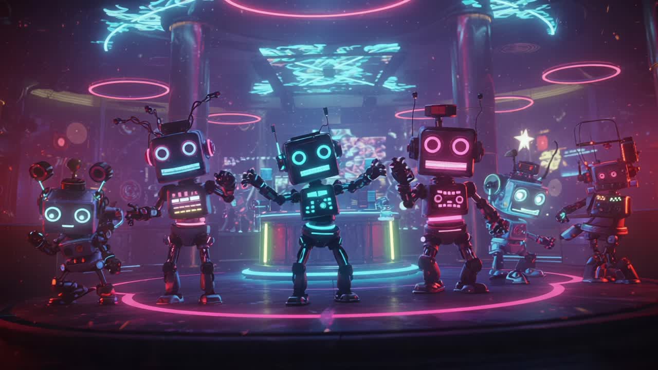A Colorful Gathering of Neon Robots Dancing in an Electrifying Atmosphere, Surrounded by Dynamic Lights and Enchanting Visuals in a Vibrant Nightclub Setting
