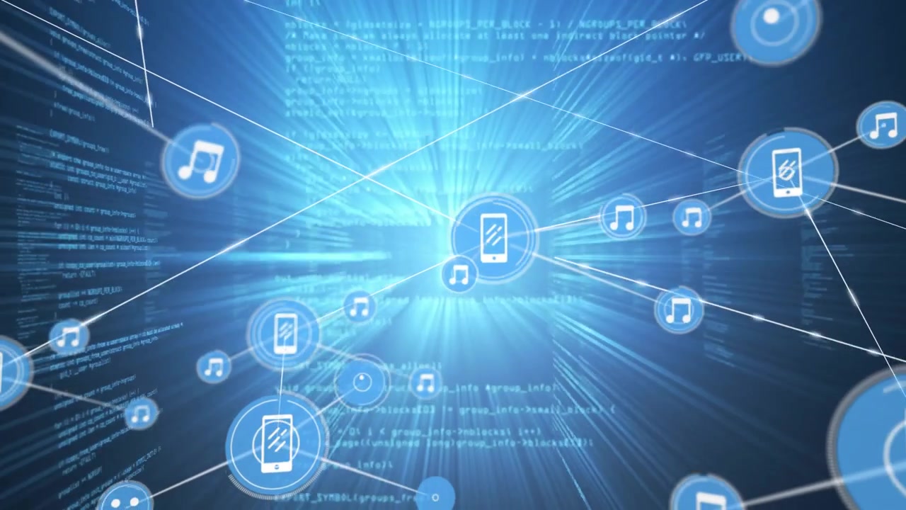 Blue radial pulse initiating smartphone icon emitting lines, spawning nodes, showing network growth
