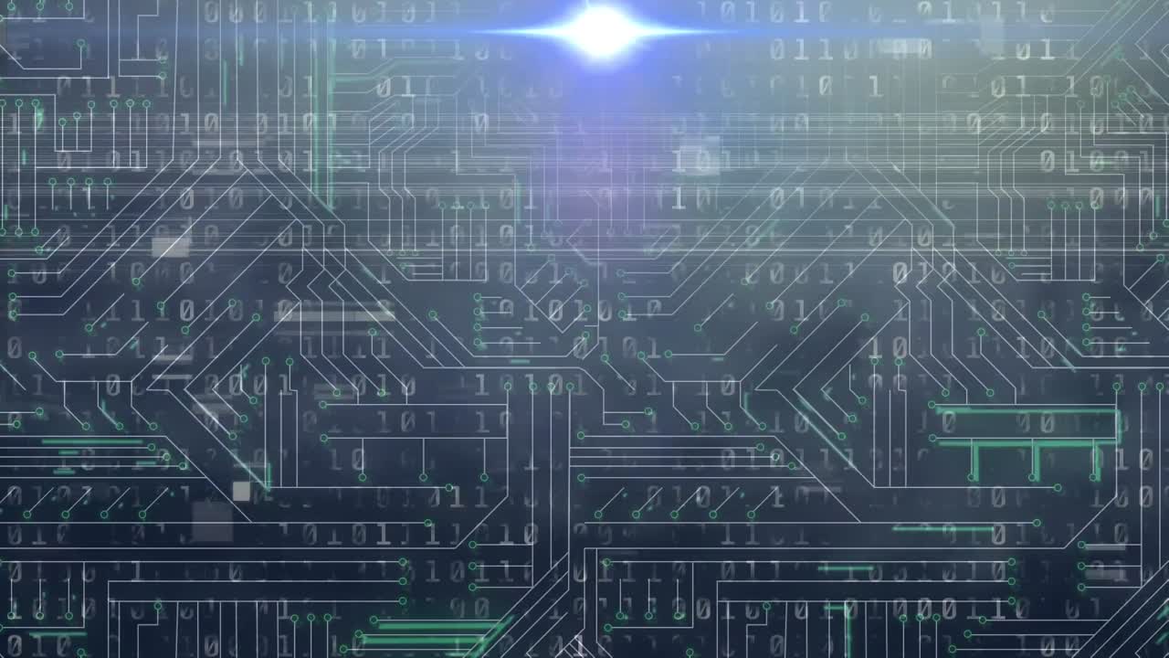 바이너리 코딩의 애니메이션, 빛나는 컴퓨터 회로판에서 데이터 처리