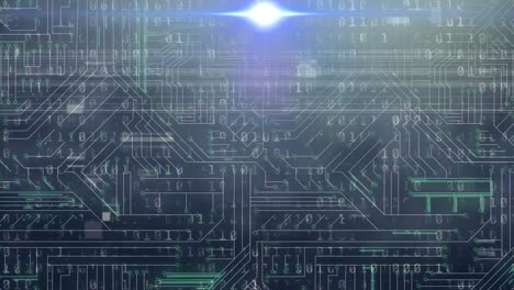animación de codificación binaria, procesamiento de datos sobre una placa de circuito de computadora brillante