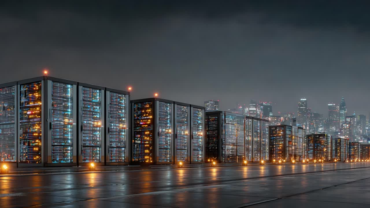 Uma visão futurista da infraestrutura tecnológica: fileiras de modernos servidores brilhando na paisagem urbana crepuscular, mostrando data centers contra um horizonte ao entardecer