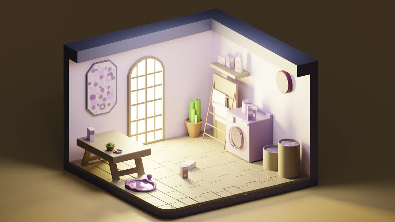 3D animation loop low poly of laundry room painted violet, isometric view