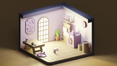 3d animation loop low poly of laundry room painted violet, isometric view