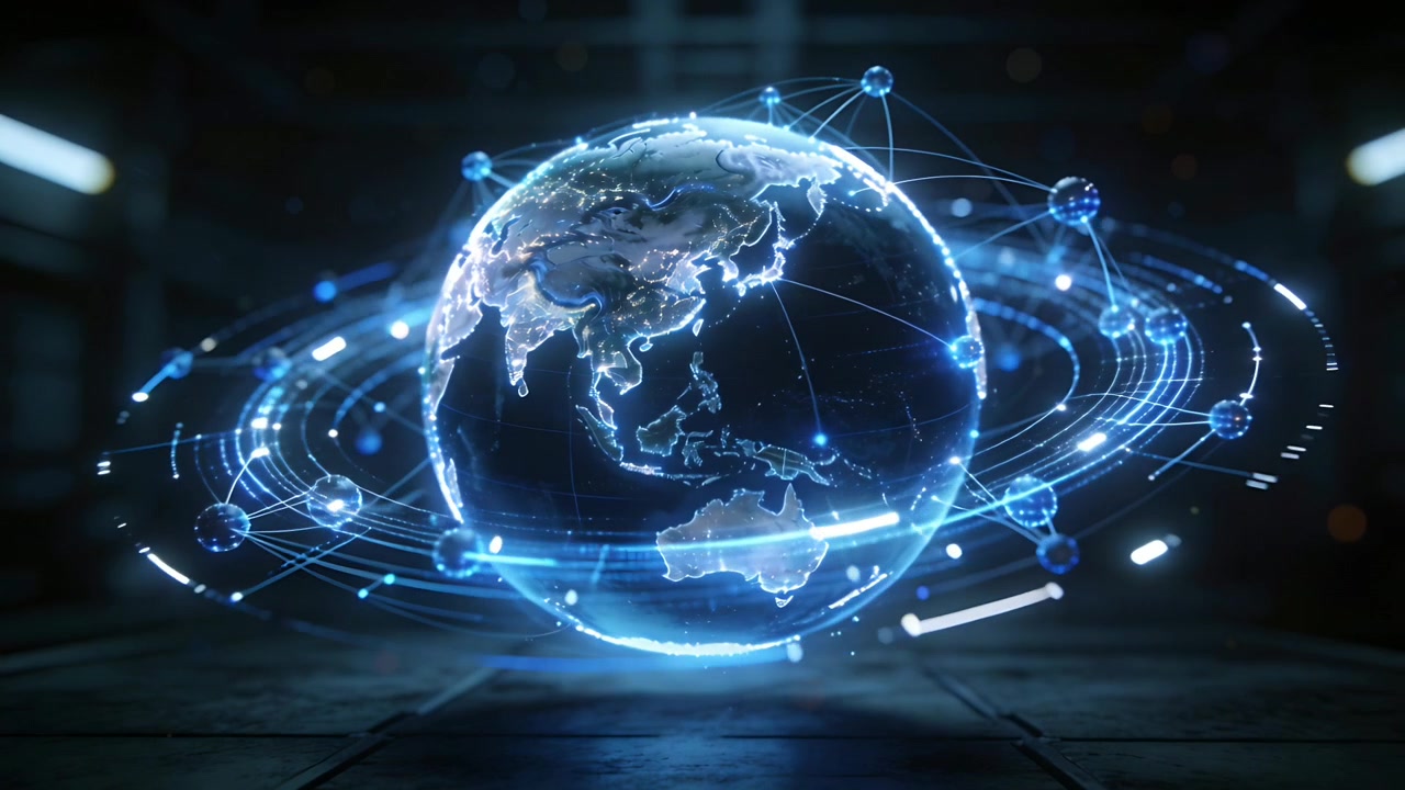 Rotating holographic globe showing Asia and Australia in dark hangar, with orbiting nodes pulsing
