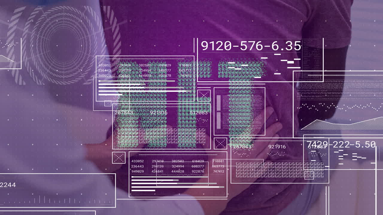 AI and data processing animation over person using digital tablet