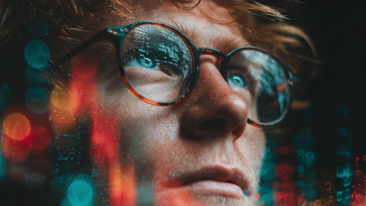 A Deep Dive Into Digital Insight: A Close-Up on a Thoughtful Individual Analyzing Data Trends with Intense Focus and Reflective Expression Amidst Vibrant Visuals