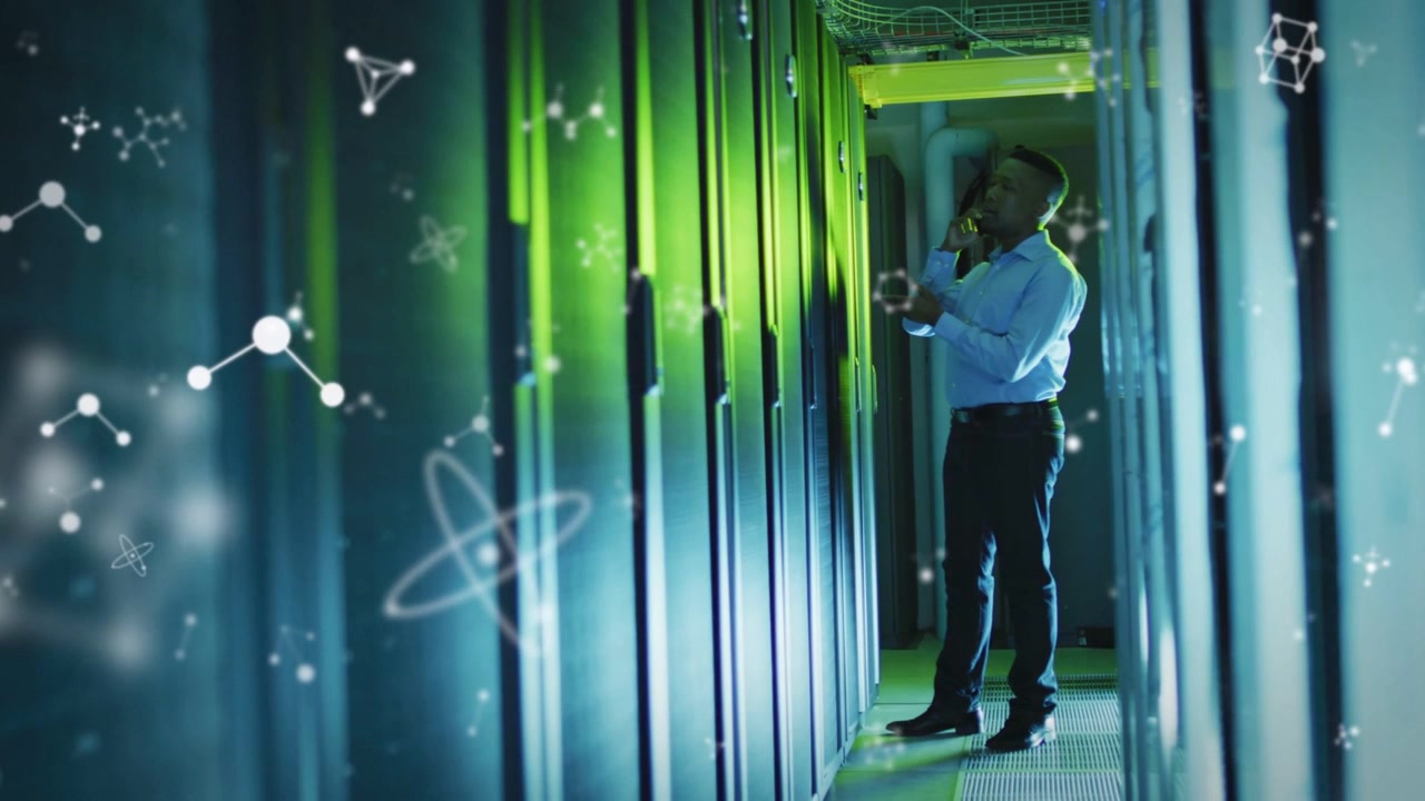 IT tech taking call, checking DC racks, pointing, fixing, molecules overlaying left, green rising