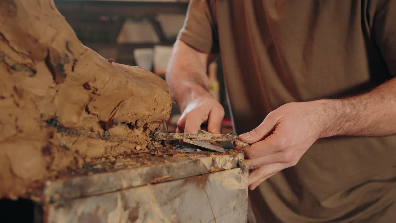man carves base of large clay sculpture in studio workshop using metal tool