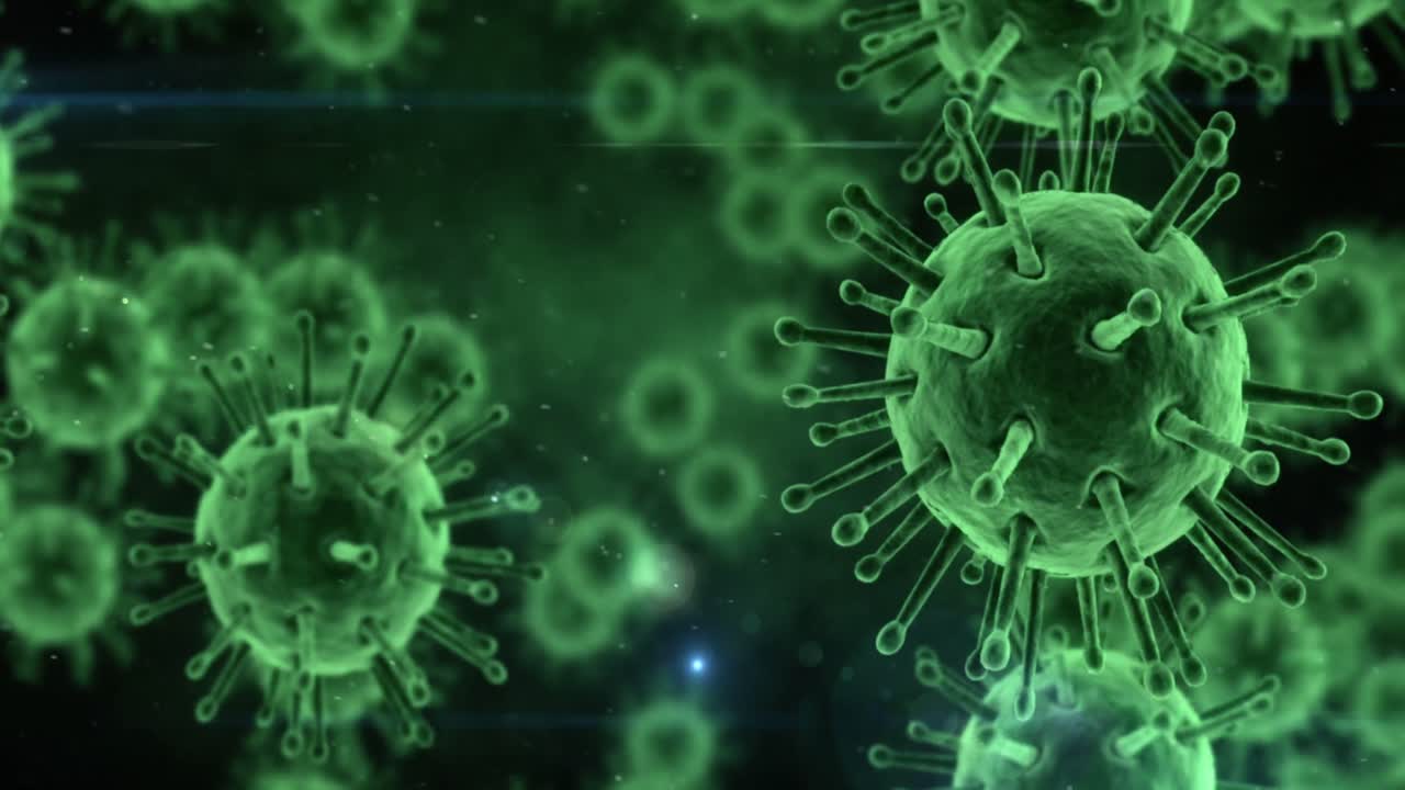 células de virus generadas digitalmente que fluyen contra un fondo negro