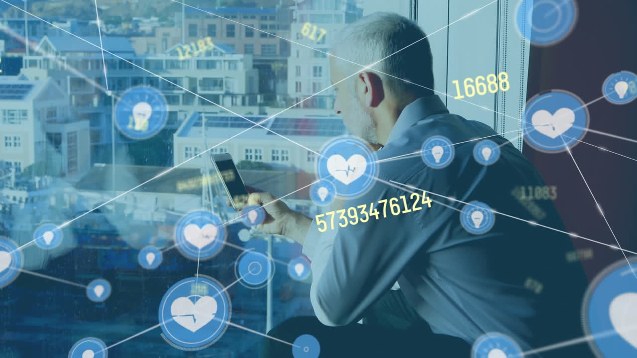 스마트 폰을 사용하는 카우카스 사업가에 대한 연결 및 데이터 처리의 애니메이션