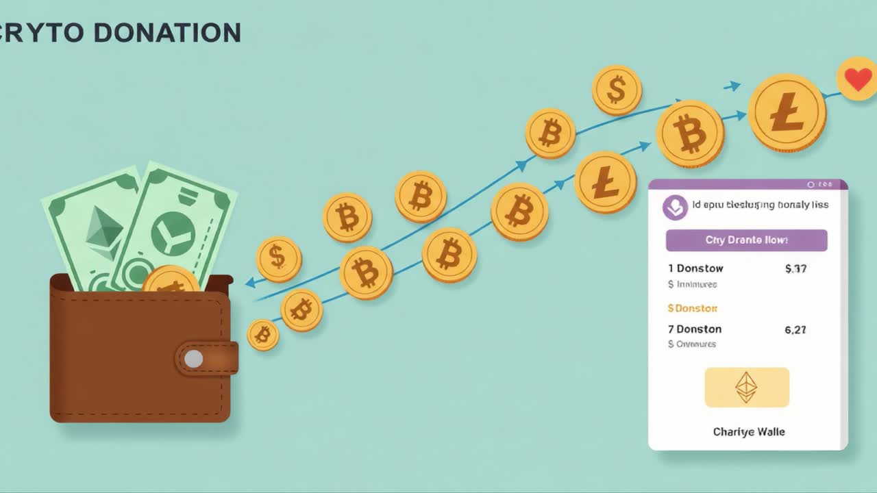 Cryptocurrency Donation Process: Visualizing the Flow of Digital Currency from Wallets to Recipients with Value Changes Illustrated