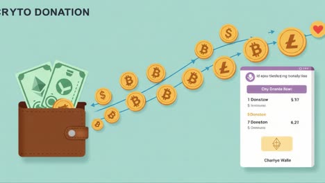 cryptocurrency donation process: visualizing the flow of digital currency from wallets to recipients with value changes illustrated