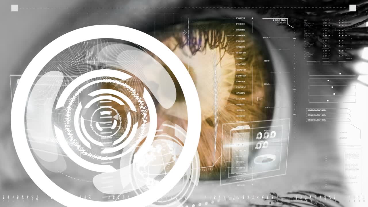 Animation of processing circle and data on digital screen over eye of caucasian woman