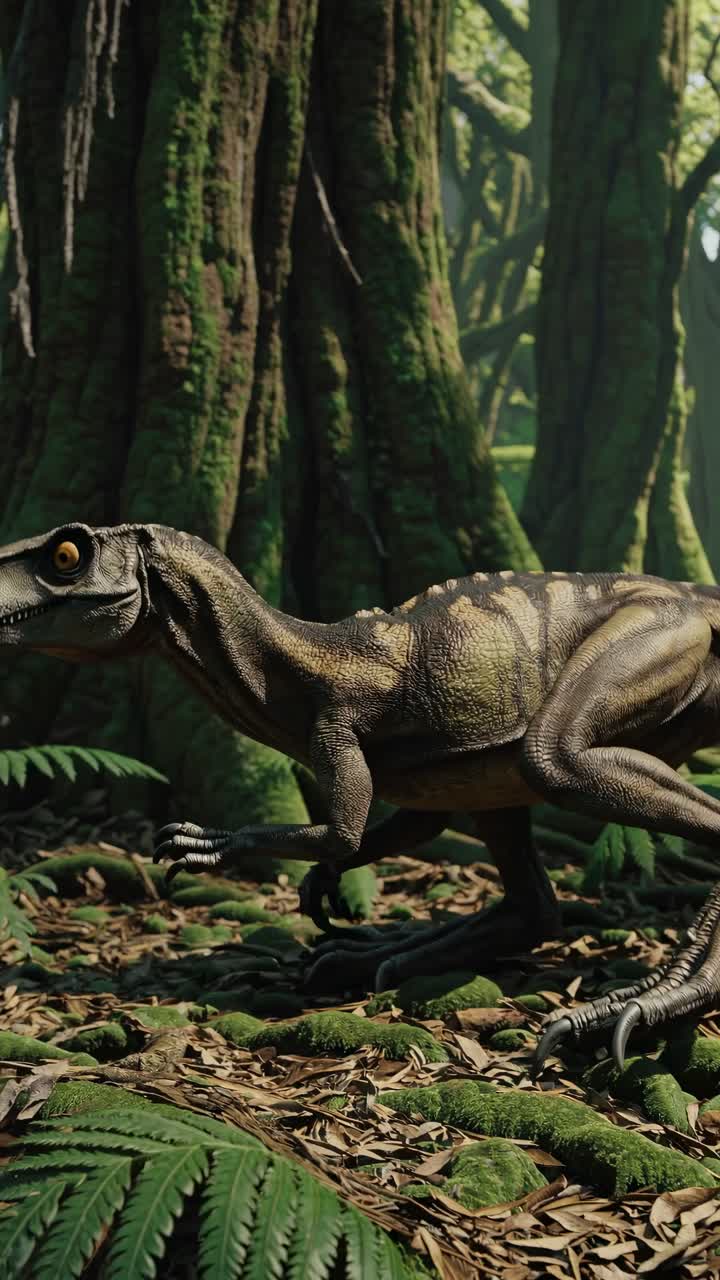 Un fermo immagine cinematografico di un dinosauro in una foresta lussureggiante, ripreso da un'angolazione bassa.