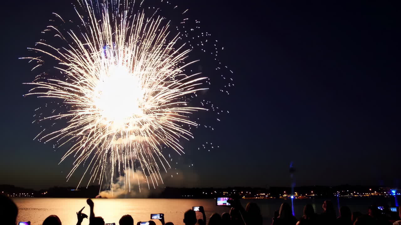 fuegos artificiales sobre un lago por la noche