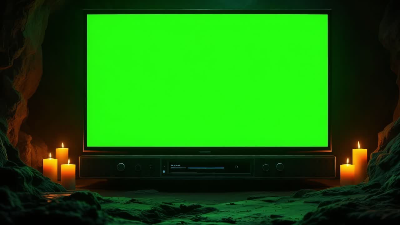 Television mock up featuring a vibrant green screen, positioned in a dimly lit cave, illuminated by flickering candles, creating a mysterious and atmospheric environment for design purposes