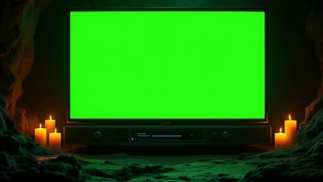 television mock up featuring a vibrant green screen, positioned in a dimly lit cave, illuminated by flickering candles, creating a mysterious and atmospheric environment for design purposes