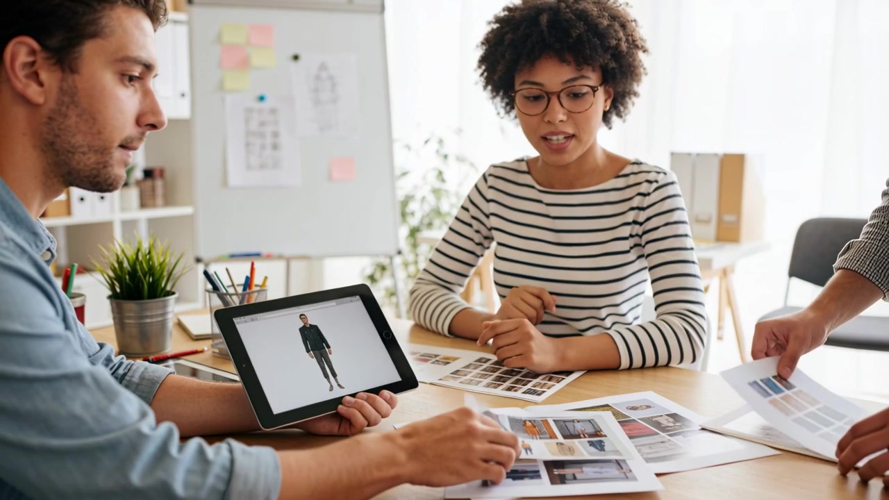 Un designer con gli occhiali e una maglia a righe esamina, confrontando un tablet, mentre un collega posiziona stampe per i layout.