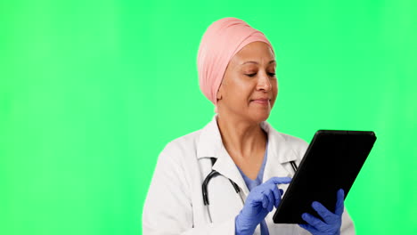 tablet, green screen and doctor