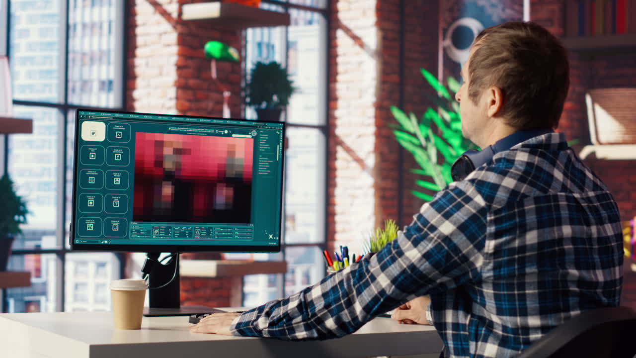hombre en el espacio de trabajo del apartamento usando software de ia convirtiendo el mensaje de texto en fotos