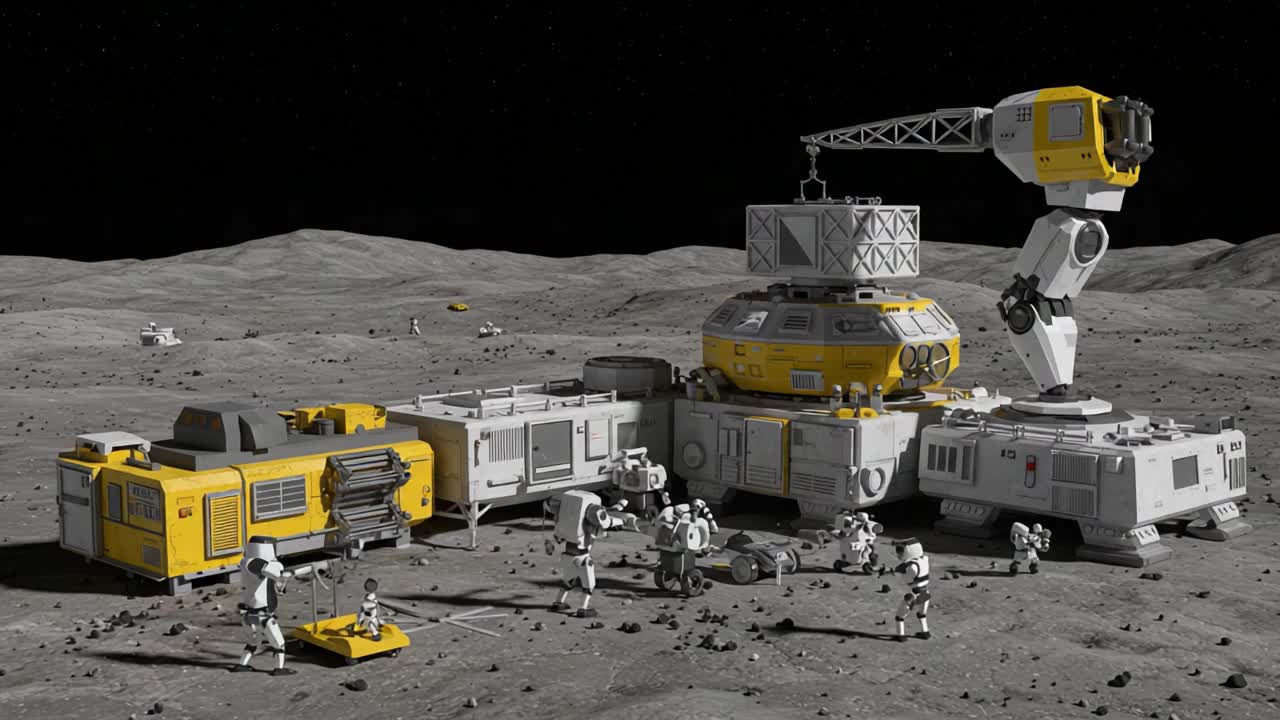 Exploration Hub on Lunar Surface: A High-Tech Facility with Astronauts Conducting Research and Operations in a Detailed Moon Environment