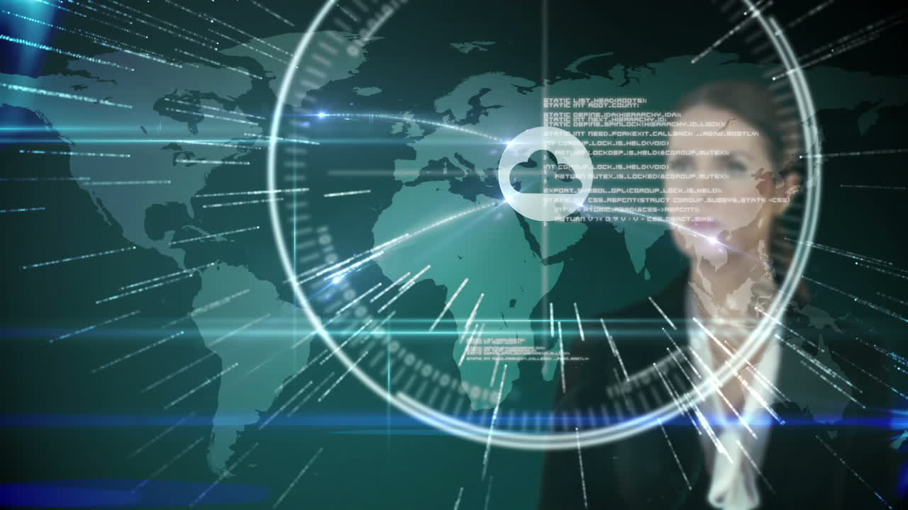 mujer de negocios tocando interfaz futurista con mapa internacional en el fondo