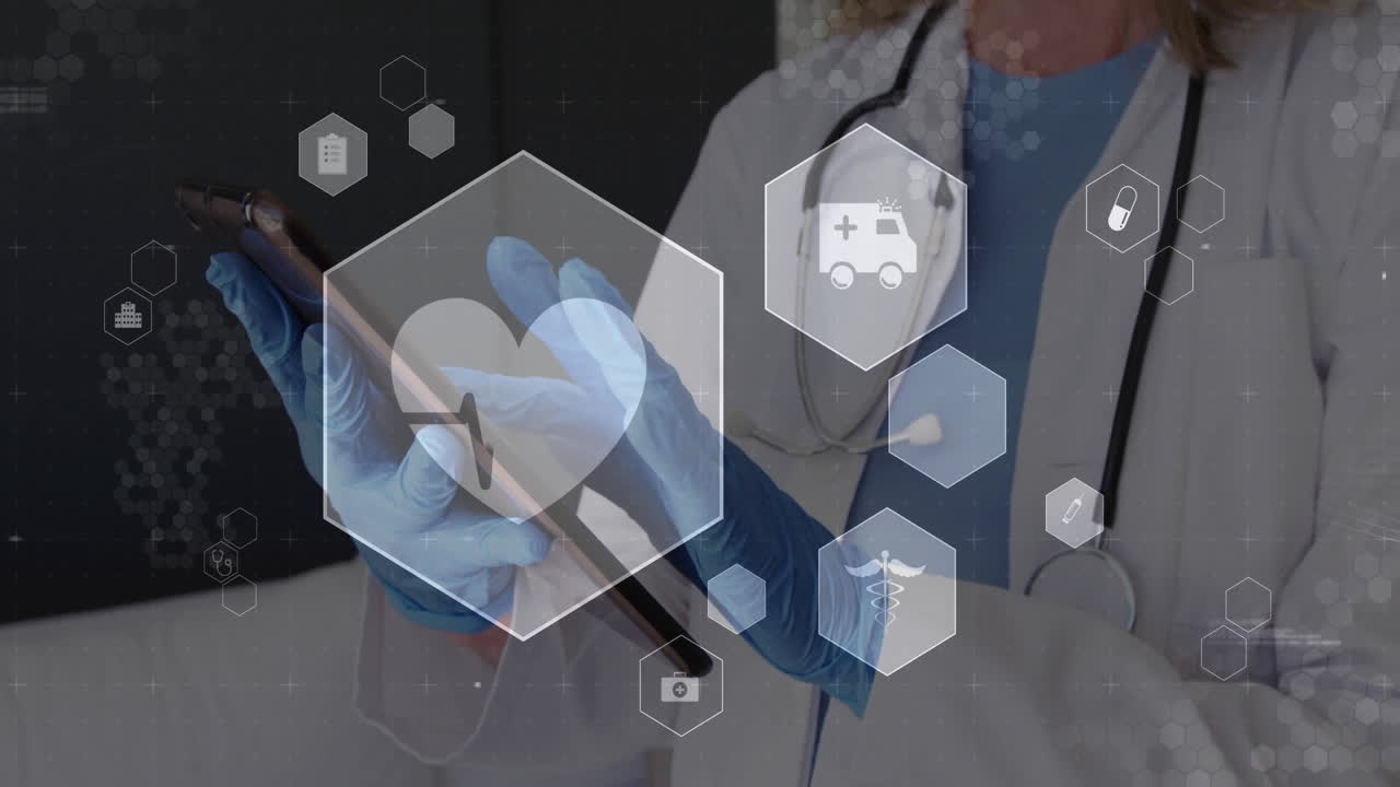 Animation of medical icons over caucasian female doctor using tablet