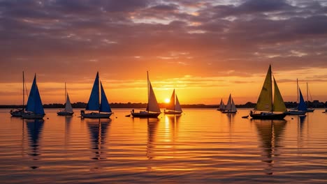 breathtaking sunset over calm waters with multiple sailboats gliding gracefully, creating a picturesque scene filled with vibrant colors and serenity