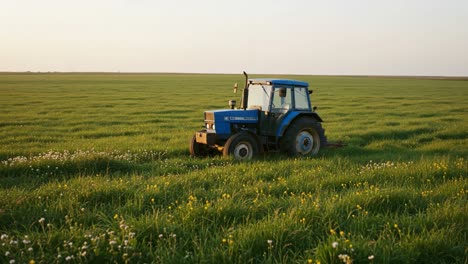 a blue tractor mowing a lush green field under a peaceful sky at dusk, reflecting sustainable agriculture and rural lifestyle