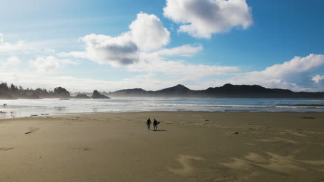 Aerial-view-of-two-surfers-walking-over-scenic-Tofino-Cox-Bay-beach-toward-ocean