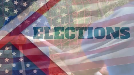 animation of elections text and flag of usa over diverse male soldiers