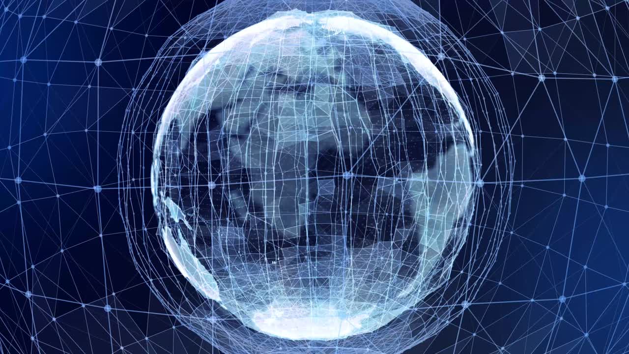 The planet earth hologram rotating node connection 4k loop animation with alpha global worldwide