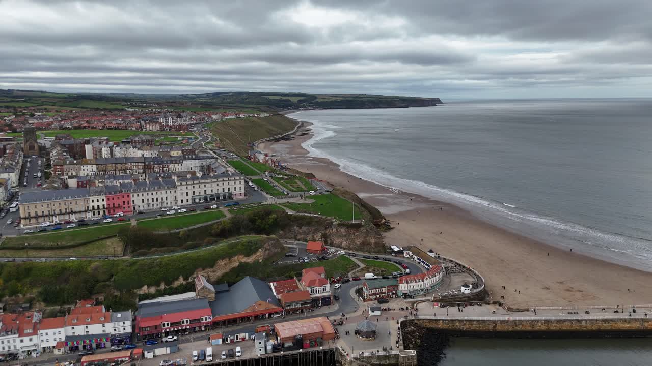 Aerial drone view Whitby Abbey north yorkshire british english seaside port harbour town city england uk