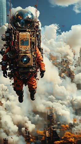 astronaut soaring above a futuristic city filled with clouds