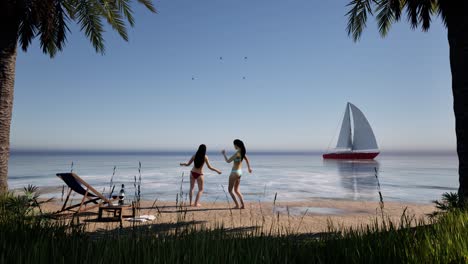 summer time fun, women dancing wearing bikini on sand beach, with palm trees, seagulls, and sailing ship in the background, day time, 3d animation