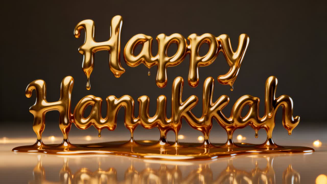 Gold sculpture reading Happy Hanukkah dripping and pooling on table as warm lights heating letters