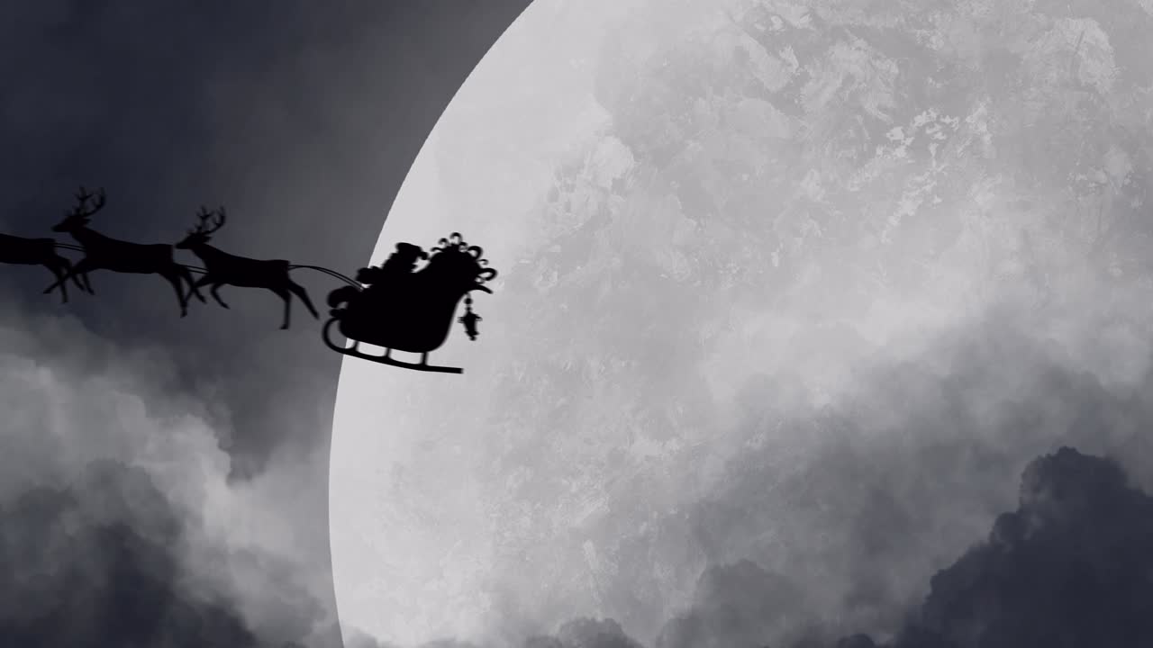 Silhouette of Santa Claus in sleigh being pulled by reindeers against moon