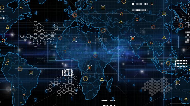 Animation of connections and data processing with world map over dark background