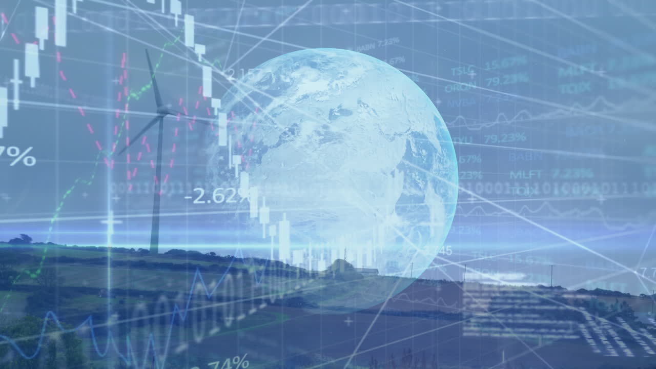 금융 데이터의 애니메이션과 풍력 터빈 위의 지구