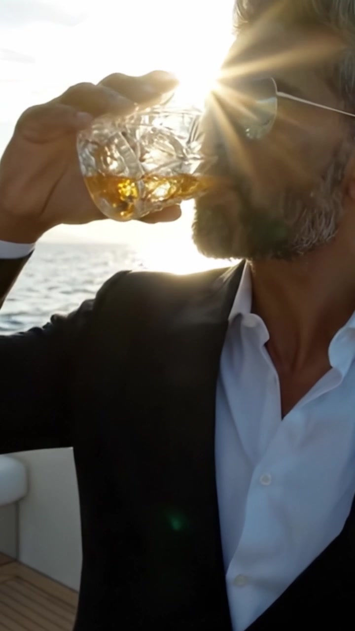 Un individuo sofisticato si gode un ottimo whisky crogiolandosi nel caldo bagliore di un tramonto su uno yacht di lusso, riflettendo una vita di eleganza e svago.