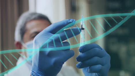 holding syringe, scientist in lab with animated dna strand in background