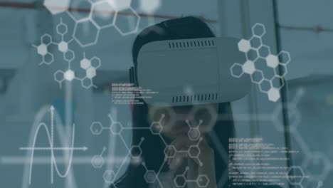 datos científicos con la mujer usando auriculares vr en un fondo de 4k