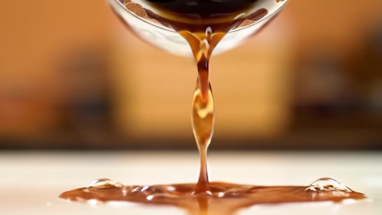 Primo piano di caffè che gocciola da una tazza decorativa, che mostra la ricchezza e le texture della bevanda mentre cade su una superficie sottostante
