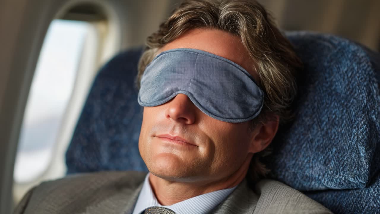 Tranquil Travel: A Man in a Business Suit Relaxing with a Sleep Mask on During a Comfortable Flight, Embracing Serenity and Calm at High Altitude