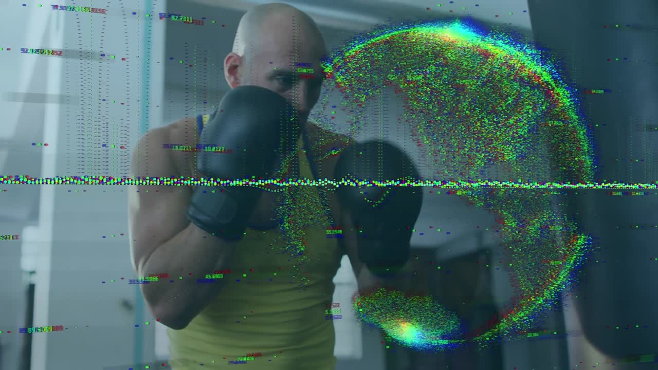 Animation of data processing over caucasian male boxer punching