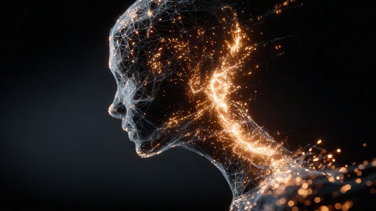 Una rappresentazione eterea di una figura digitale, che incarna l'intersezione tra tecnologia e umanità attraverso una rete luminosa di luce ed energia, raffigurando l'essenza dell'innovazione