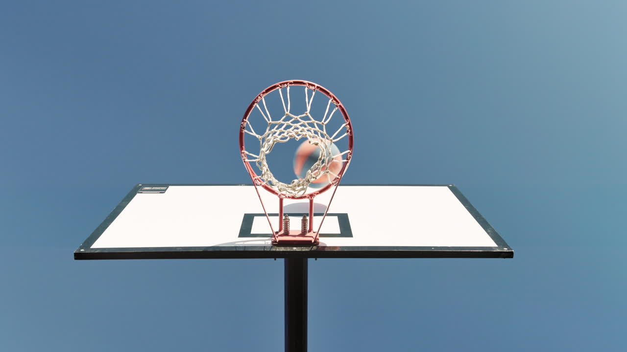Basketball hoop against a clear blue sky