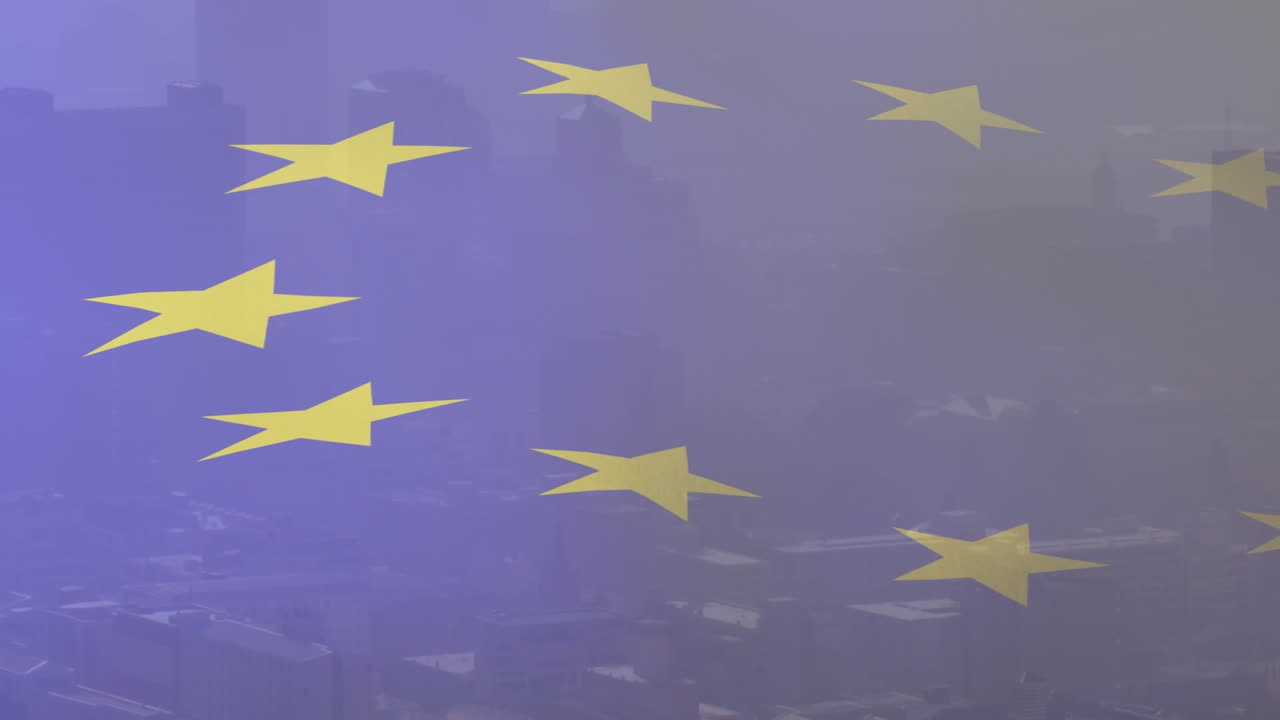 타워 블록 의 현대적 인 도시 풍경 위 에 있는 유럽 연합 의  ⁇ 발 의 애니메이션