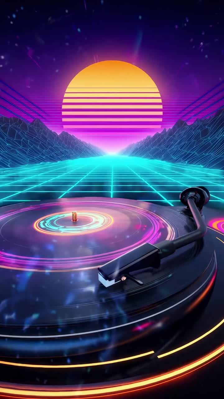 Stile video retro-futuristico con una vista dal basso di un giradischi e un tramonto al neon