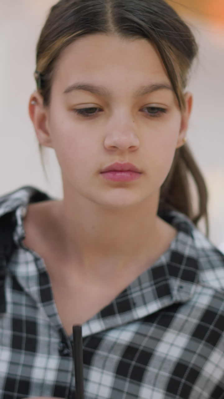 Young woman appears contemplative after drinking in cozy environment, Adolescent girl with downcast gaze exudes thoughtful melancholy amid schoolthemed attire in gentle indoor lighting